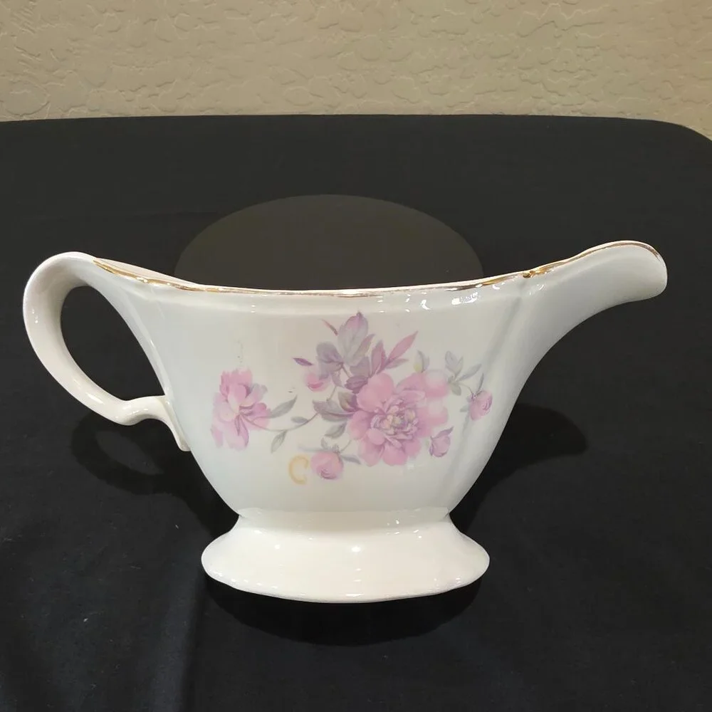 1952 Handled Floral Gravy Boat Edwin M. Knowles Light Pink Rose Gold Trimmed